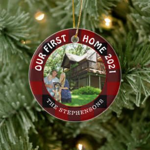 First Home Rustic Red Plaid 2 Photo Ceramic Tree Decoration