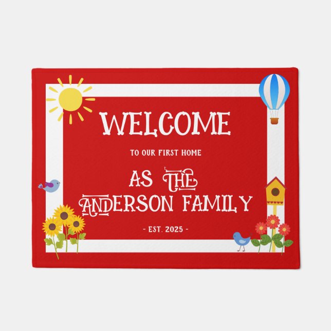 First Home Welcome Typography Sunflower Red White Doormat (Front)