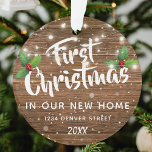 First House | New Home Christmas Tree Ornament<br><div class="desc">A rustic country themed new home christmas tree ornament featuring a wooden background,  holly,  snowflakes,  string lights,  your name,  address,  and the year.</div>