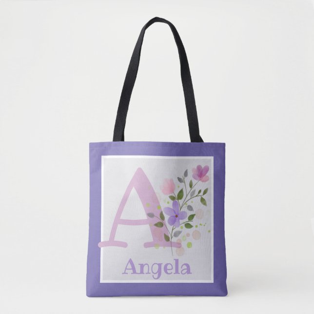 First Initial Plus Name Angela with Flowers Tote Bag (Front)