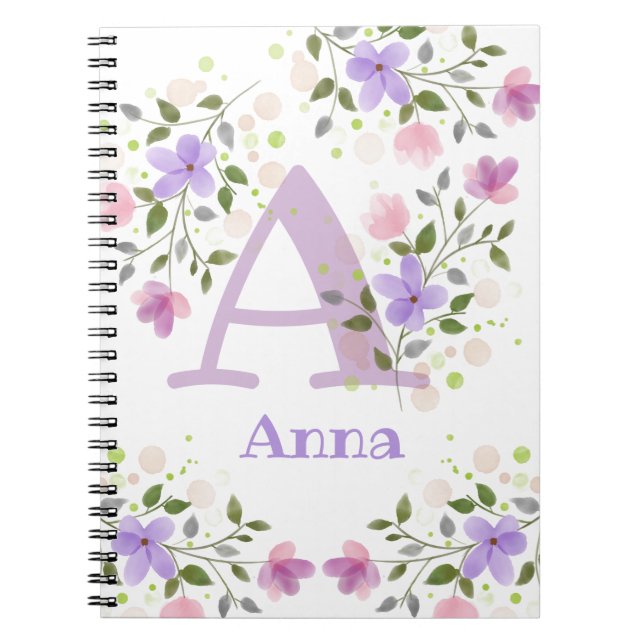 First Initial Plus Name Anna with Flowers Notebook (Front)