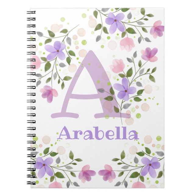First Initial Plus Name Arabella with Flowers Notebook (Front)