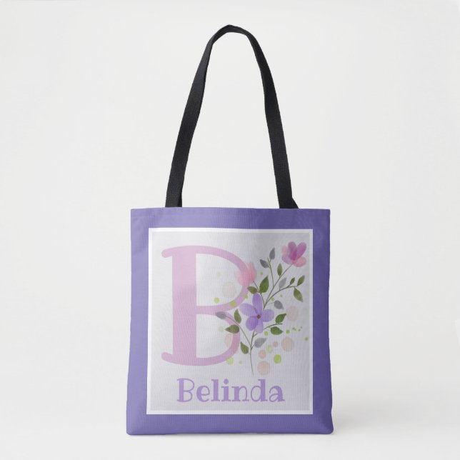 First Initial Plus Name Belinda with Flowers Tote Bag (Front)