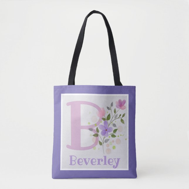 First Initial Plus Name Beverley with Flowers Tote Bag (Front)