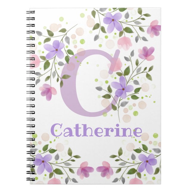 First Initial Plus Name Catherine with Flowers Notebook (Front)