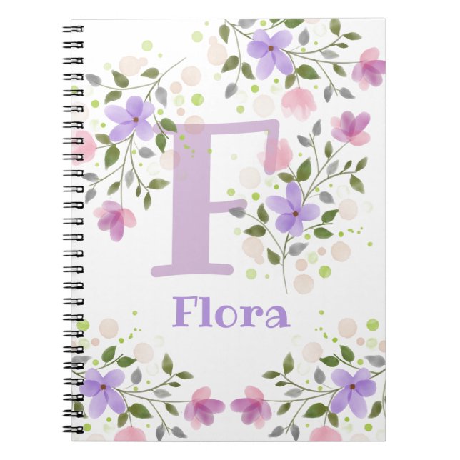 First Initial Plus Name Flora with Flowers Notebook (Front)