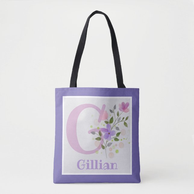 First Initial Plus Name Gillian with Flowers Tote Bag (Front)