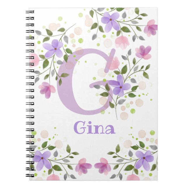 First Initial Plus Name Gina with Flowers Notebook (Front)