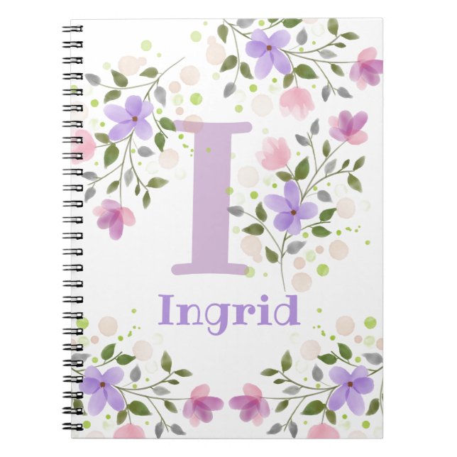 First Initial Plus Name Ingrid with Flowers Notebook (Front)