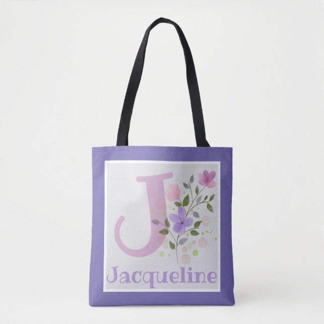 First Initial Plus Name Jacqueline with Flowers Tote Bag (Front)