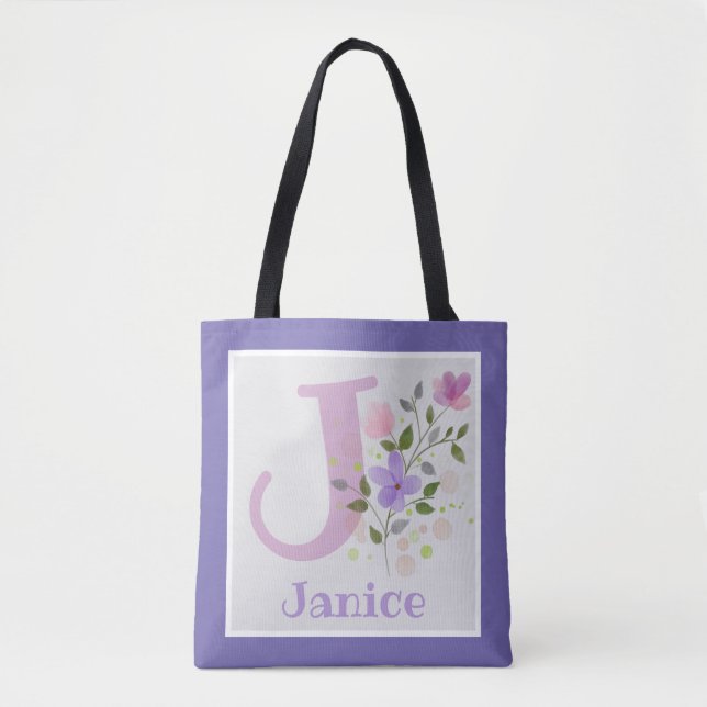 First Initial Plus Name Janice with Flowers Tote Bag (Front)