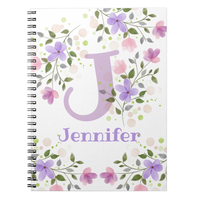 First Initial Plus Name Jennifer with Flowers Notebook (Front)