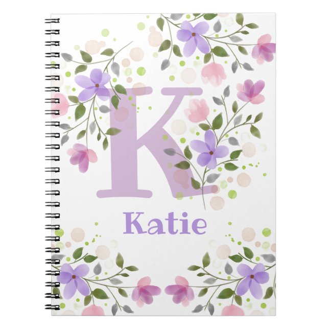 First Initial Plus Name Katie with Flowers Notebook (Front)