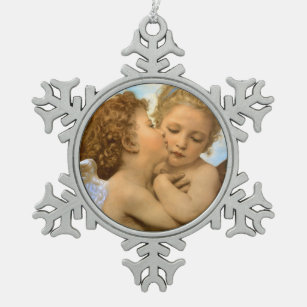 First Kiss (angel detail) by Bouguereau Snowflake Pewter Christmas Ornament