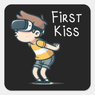 First Kiss – Funny VR Gamer Cartoon, Geeky Boy Square Sticker