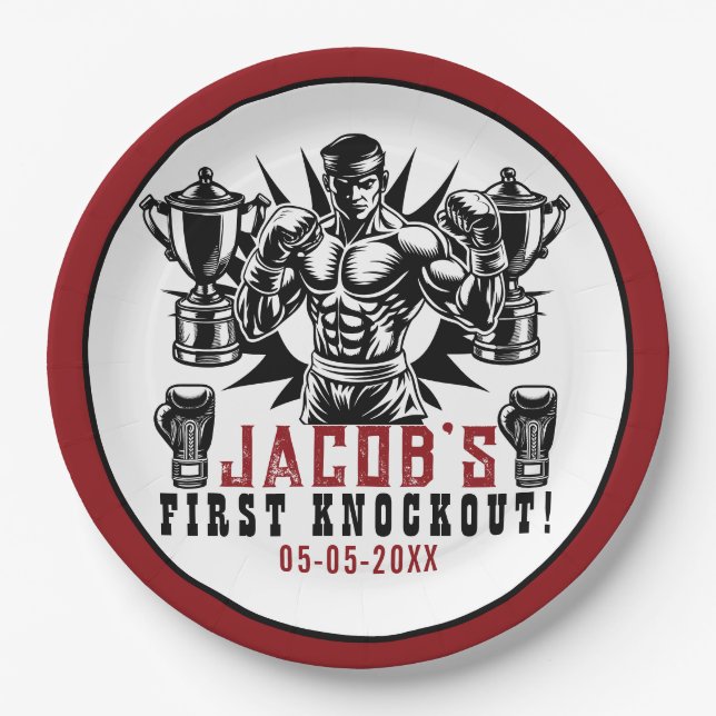 First Knockout Boxing Birthday Party Paper Plate (Front)