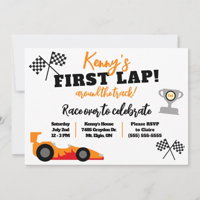 First Lap Around the Track, Kids' Birthday Party Invitation (Front)