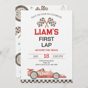 First Lap Around The Track Race Car 1st Birthday Invitation