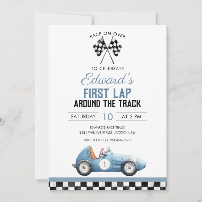 First Lap Blue Race Car 1st Birthday Invitation (Front)
