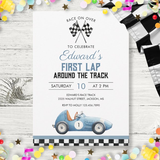 First Lap Blue Race Car 1st Birthday Invitation (First Lap Blue Race Car 1st Birthday Invitation)