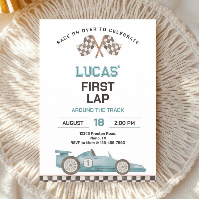 First Lap Blue Race Car Birthday Invitation (Creator Uploaded)