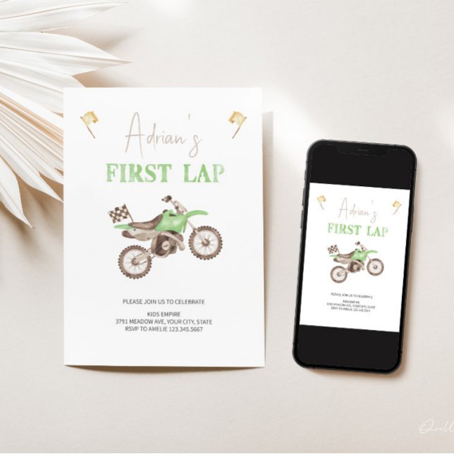 First LAP Green Dirt Bike Birthday Invitation  (Creator Uploaded)