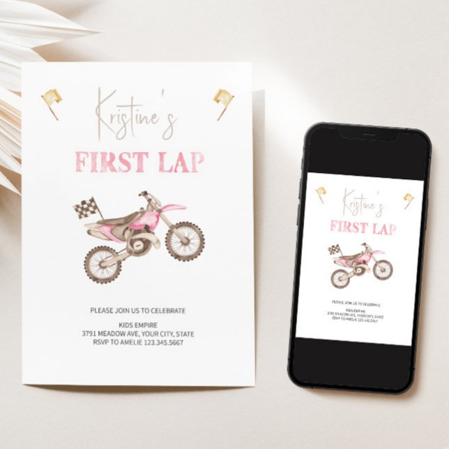 First LAP Pink Dirt Bike Birthday Invitation  (Creator Uploaded)