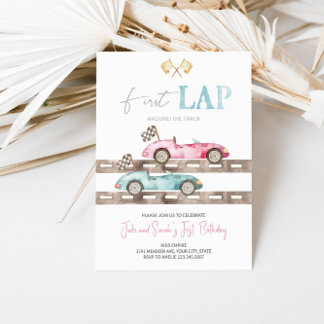 First Lap Race Car Twins Birthday Invitation 