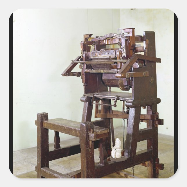 First loom for weaving stockings, 1750 square sticker (Front)