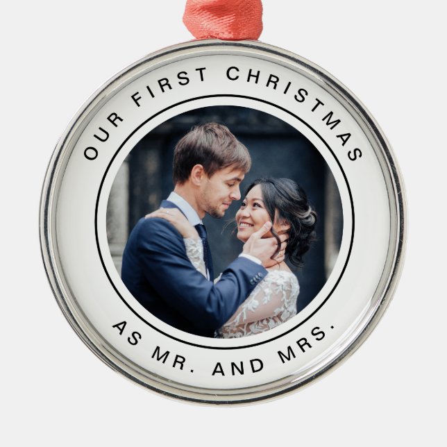 First Married Christmas | Black and White Photo Metal Tree Decoration (Front)