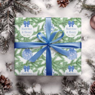 First Married Christmas Blue White Baubles Text Wrapping Paper