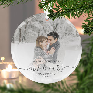First Married Christmas Custom Photo Gray Script Glass Tree Decoration