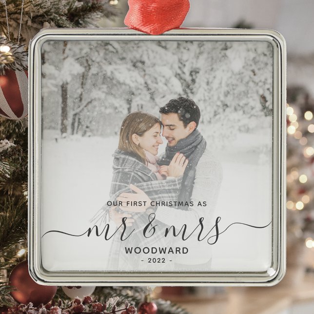 First Married Christmas Custom Photo Gray Script Metal Tree Decoration (Creator Uploaded)