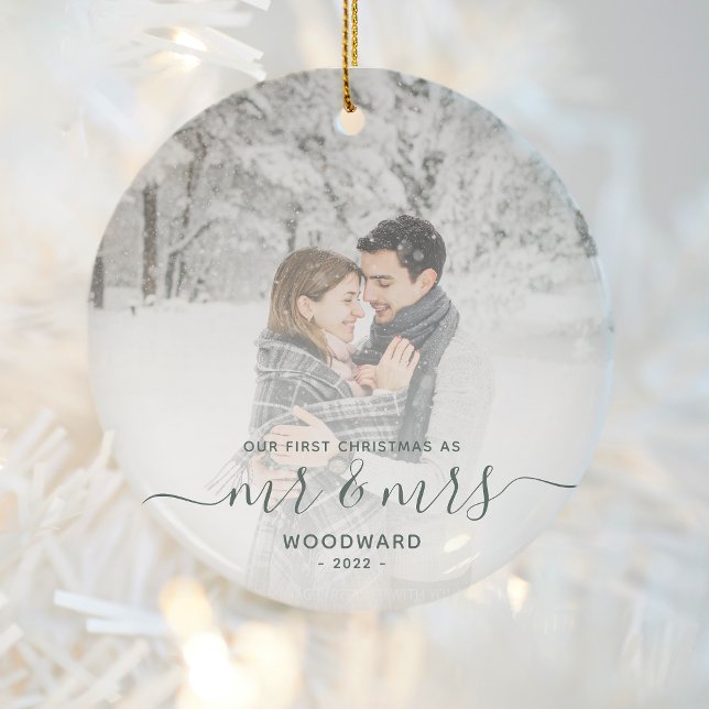 First Married Christmas Custom Photo Green Script Ceramic Tree Decoration (Creator Uploaded)