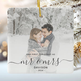 First Married Christmas Custom Photo Grey Script Ceramic Ornament