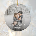 First Married Christmas Custom Photo White Script Ceramic Tree Decoration<br><div class="desc">Commemorate the first Christmas of your marriage with this beautiful modern keepsake ornament. The white text reads "Our first Christmas as Mr & Mrs, " with the words "Mr & Mrs" in elegant handwriting script with flourishes before and after. Replace the sample image with your favorite photo, and add your...</div>