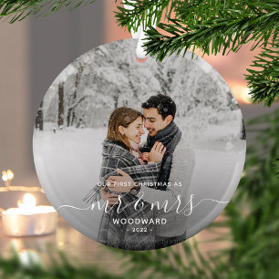 First Married Christmas Custom Photo White Script Glass Tree Decoration
