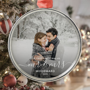 First Married Christmas Custom Photo White Script Metal Tree Decoration