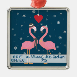 first married christmas flamingo with snowflakes metal tree decoration