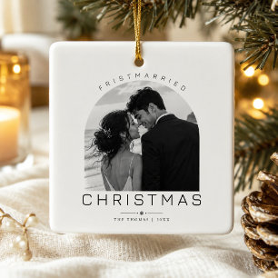 First Married Christmas Modern Arch Photo  Ceramic Ornament