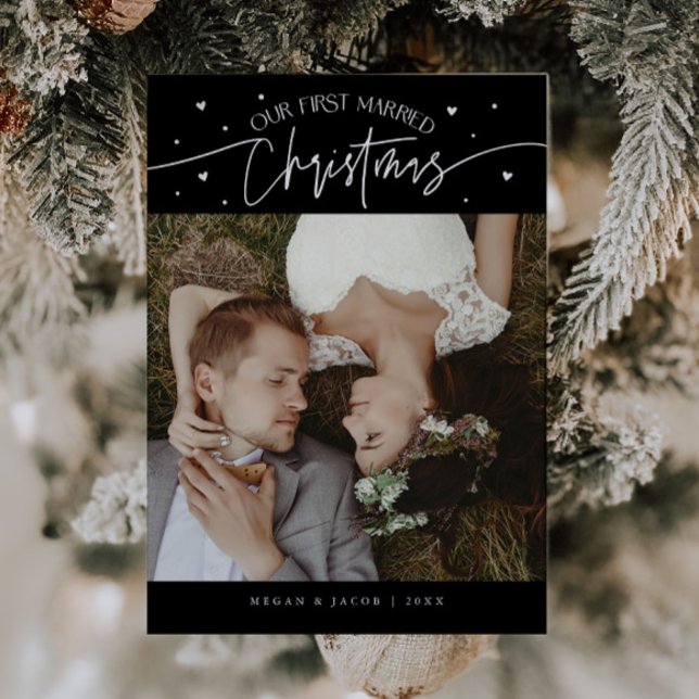 First Married Christmas Newlywed Photo Black Holiday Card (Creator Uploaded)