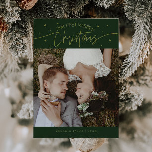 First Married Christmas Newlywed Photo Green Holiday Card
