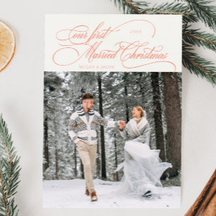 First Married Christmas Newlywed Photo Peach Holiday Card
