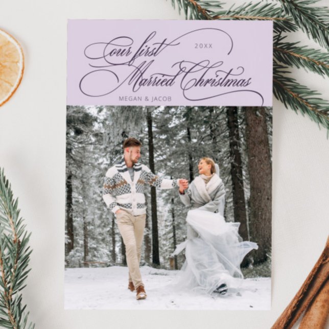 First Married Christmas Newlywed Photo Purple Holiday Card (Creator Uploaded)
