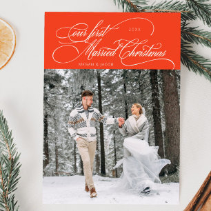 First Married Christmas Newlywed Photo Retro Red Holiday Card