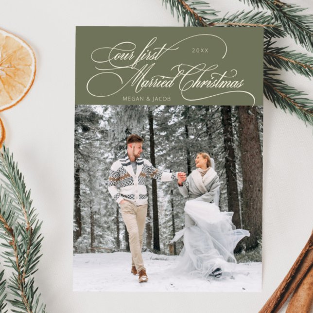 First Married Christmas Newlywed Photo Sage Green Holiday Card (Creator Uploaded)