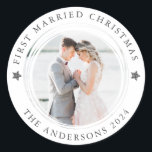 First Married Christmas Photo Classic Round Sticker<br><div class="desc">First Married Christmas Photo Stickers</div>