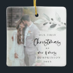 First Married Christmas Photo Name Year Script Cer Ceramic Ornament<br><div class="desc">First Married Christmas Photo Name Year Script A romantic keepsake to celebrate the special time of your first Christmas as Mr and Mrs and memento in holidays to come. Typography for Christmas and Mr and Mrs is in a set modern script and the rest of the text you can easily...</div>