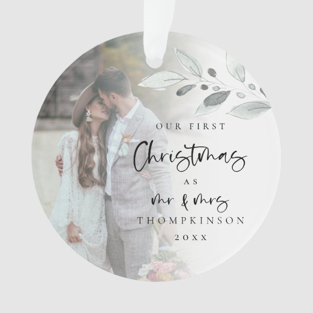First Married Christmas Photo Name Year Script Ornament (Front)