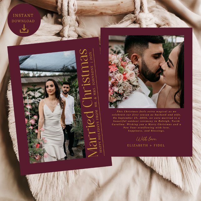 First Married Christmas Photo Newlyweds Burgundy Holiday Card (Creator Uploaded)